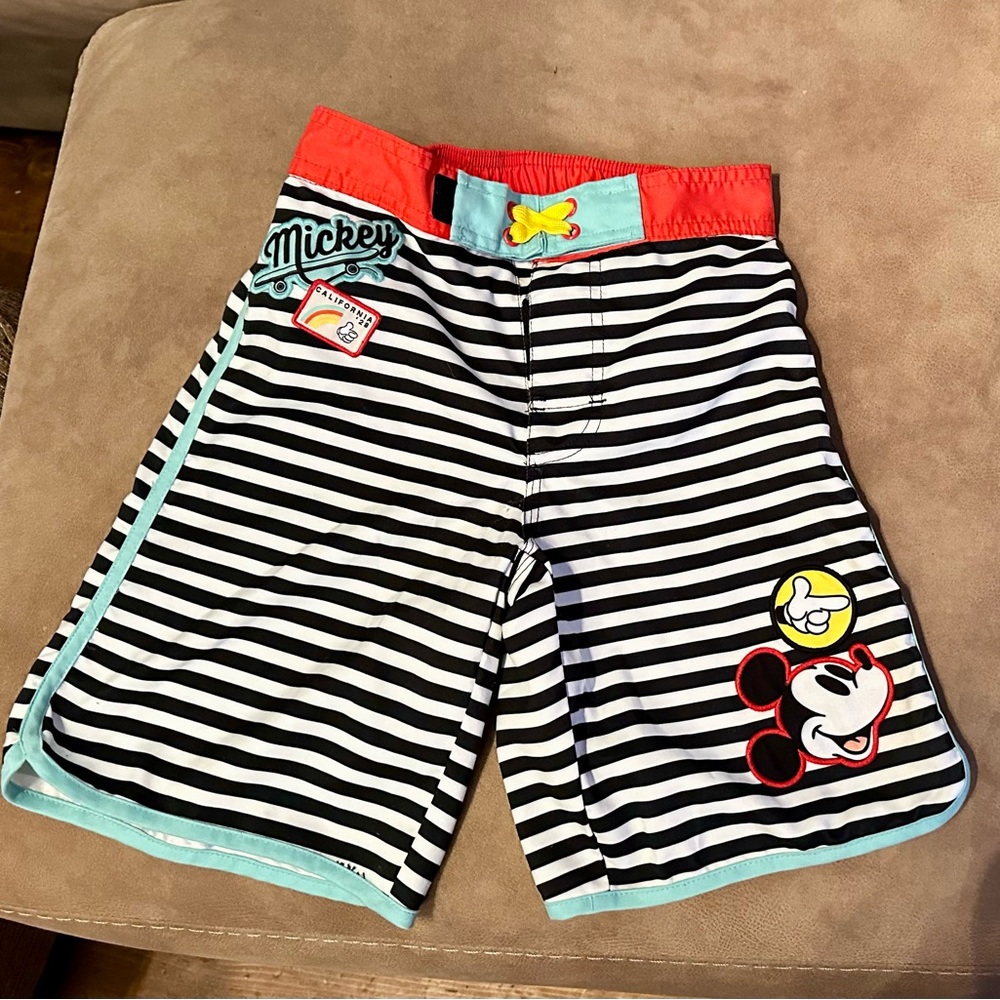 Disney Mickey Mouse Striped Kids Swim Trunks - Black and Red